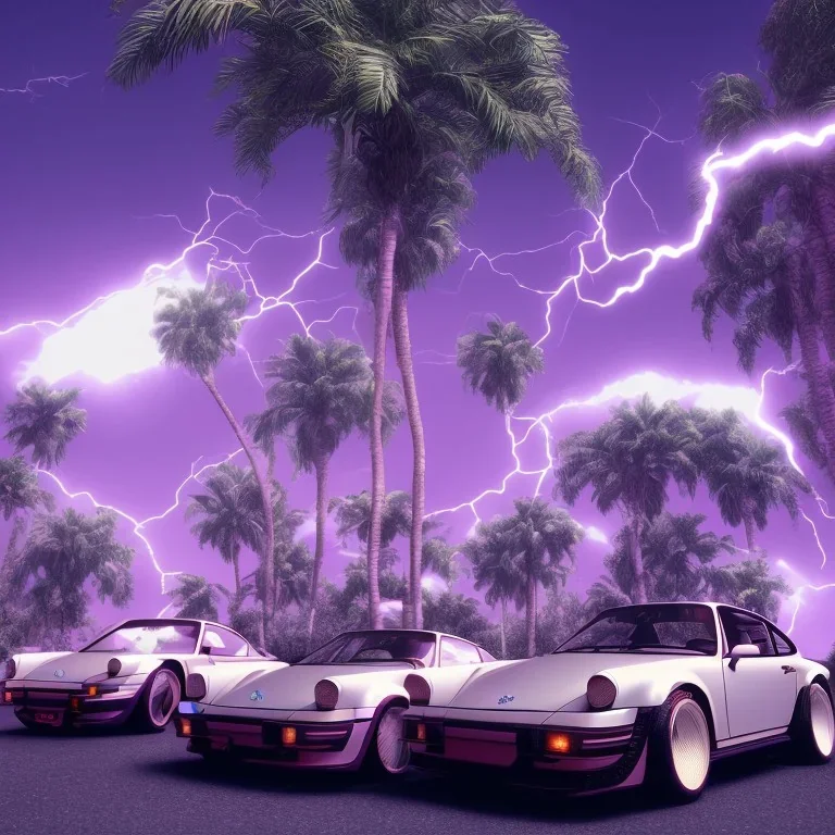 1980's aesthetic vaporwave palm trees and spheres and Porsche with lightning