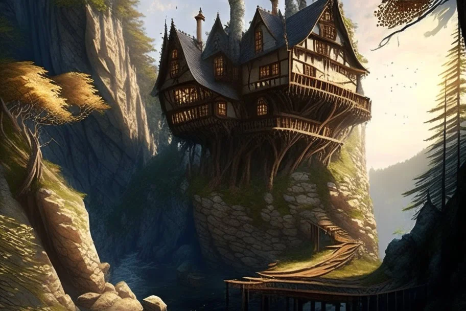 small wooden medieval gothic twisted house built into a cliff, trees, balconies, walkways, bridge, sunshine, lake