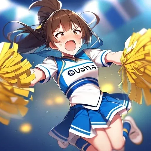 Clear focus,High resolution,High quality, An anime girl, cheerleader, jumping, sweating