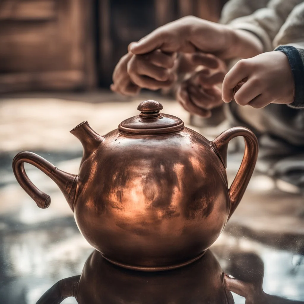 The reflection of a child on the surface of an old copper teapot