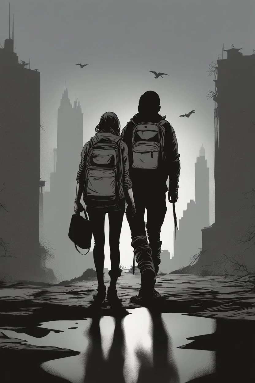 four persons, standing, silhouette, comic book,post-apocalypse, gray background, backpack,