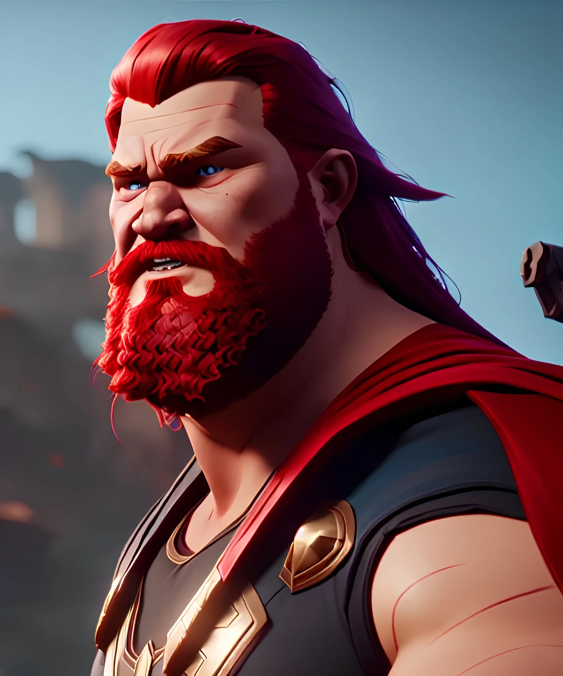 Fat thor with red hair, magnificent, majestic, Realistic photography, incredibly detailed, ultra high resolution, 8k, complex 3d render, cinema 4d.
