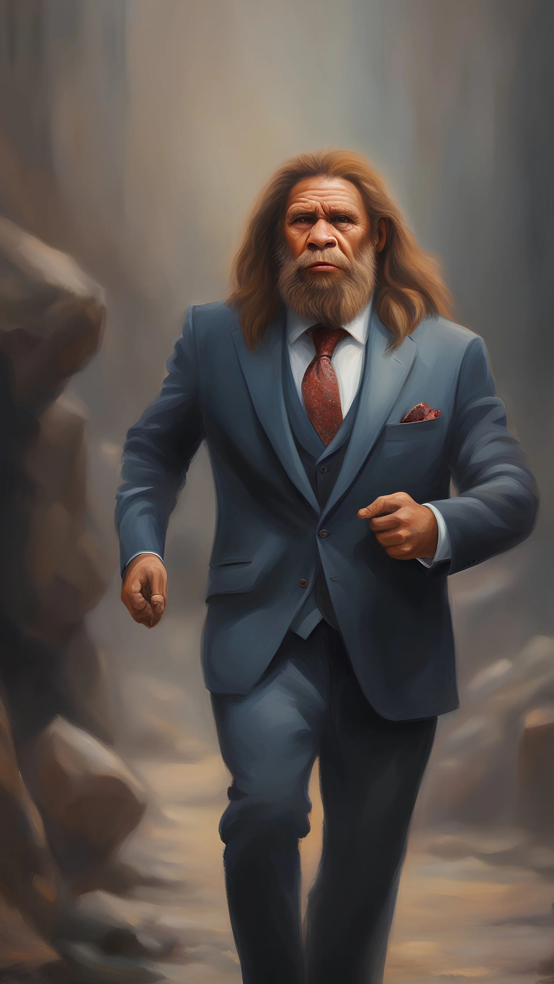 Hombre de Neandertal con traje, Pintura al óleo Arte digital 8k