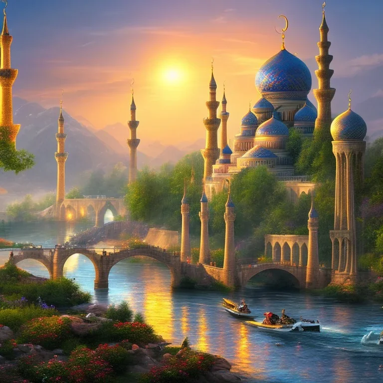 landscape, river, sun, mosque, far view, colorful.