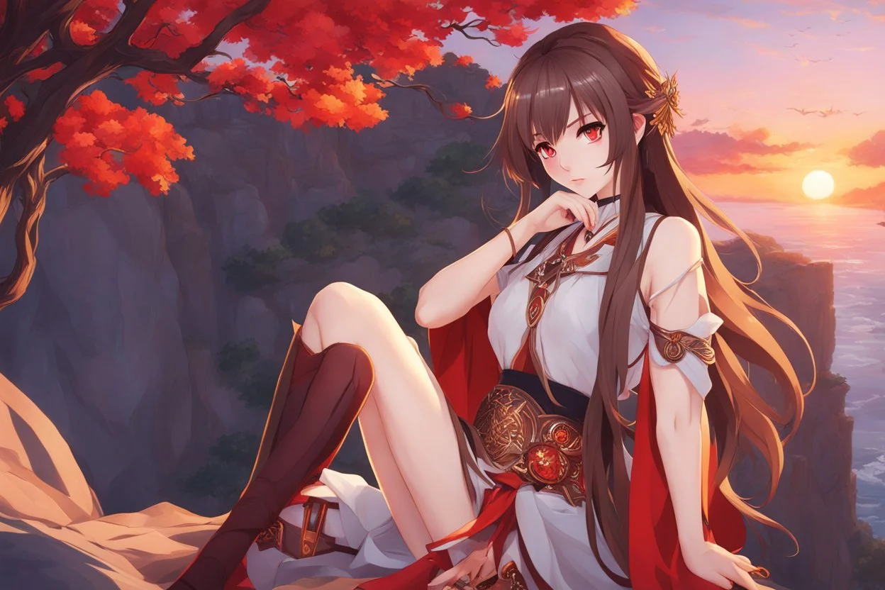 woman with long brown hair, red eyes, pale skin, highly detailed, intricate background, intricate face, sitting on a cliff during sunset, contemplative, anime style, Genshin Impact inspired, wears a Genshin Impact pyro vision amulet, dynamic composition