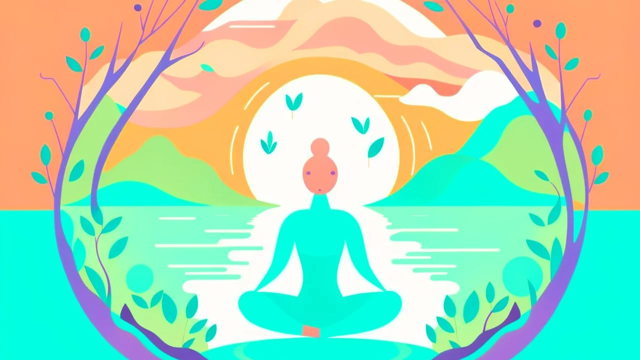 Create a serene flat design illustration for a yoga and well-being website. Use a soothing color palette and depict a tranquil yoga scene with a yogi in yoga positions surrounded by nature.