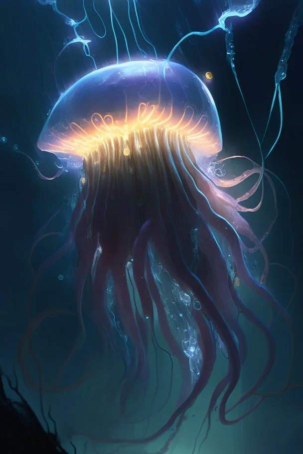 Cartoon angry jelly fish, electric bolts lighting up the dark ocean, , highly detailed, digital painting, artstation, concept art, sharp focus, illustration, Pixar and Disney animation, Art by greg rutkowski and alphonse mucha, masterpiece, stunning, 8k resolution,