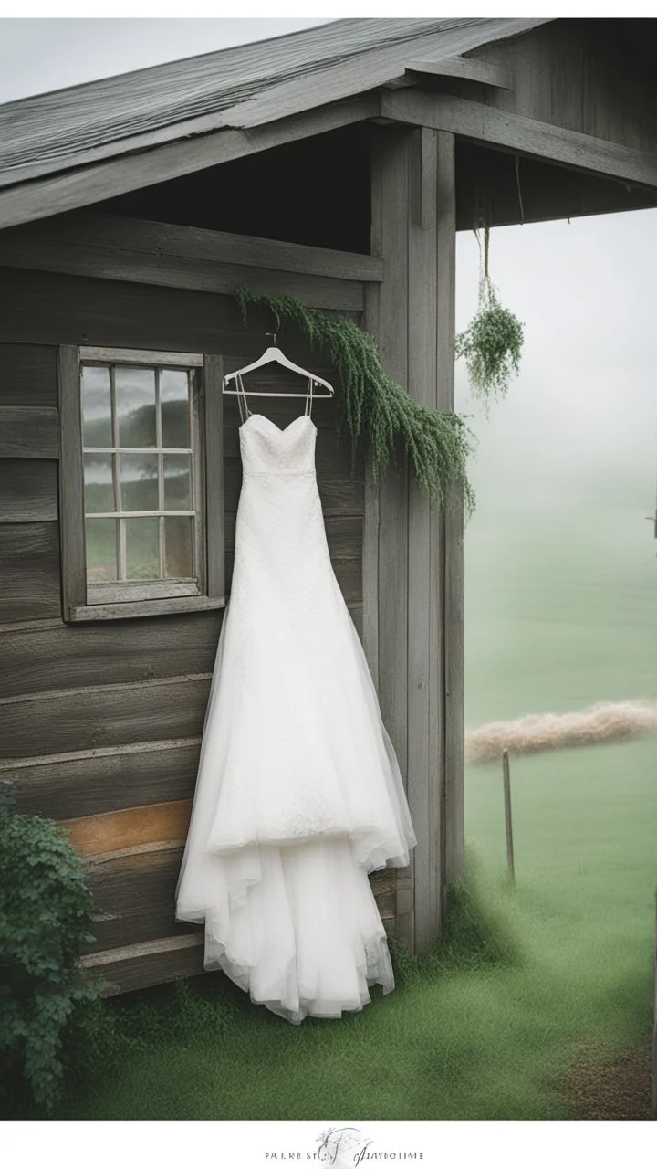 A wet washed wedding dress hanging on a rob on a farm with barely farm, a stormy foggy sky in the background