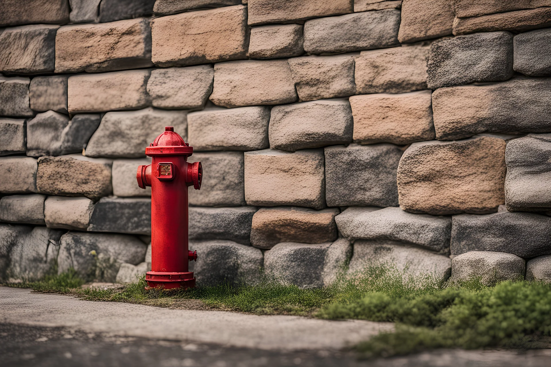 Fire hydrant standing by stone wall. Full-frame , 100mm lens, f/1.2 aperture, ISO 100, shutter speed 60 seconds. Cinematic lighting, Unreal Engine 5, Cinematic, Color Grading, real time Photography, Shot on 70mm lense, Depth of Field, DOF, Tilt Blur, Shutter Speed 1/2500, F/13, White Balance, 45k, Super-Resolution, Megapixel , ProPhoto RGB, VR, tall, epic Lighting, Natural Lighting, Incandescent, Optical Fiber, Moody Lighting, Cinematic Lighting , Studio Light