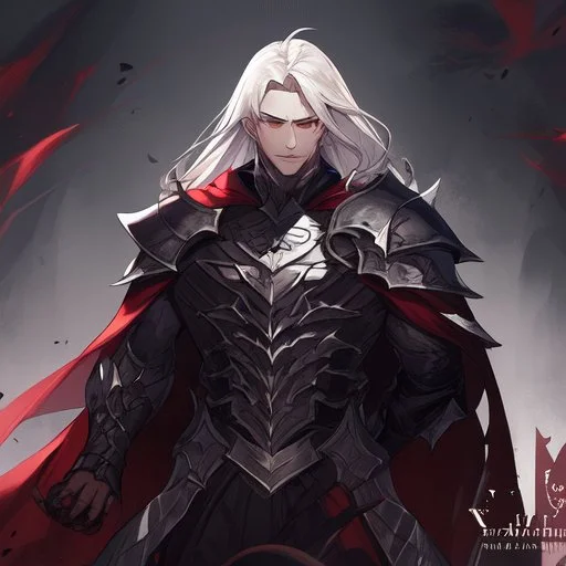 Vampire knight, young man, handsome, long white hair, black full plate armor, red cape