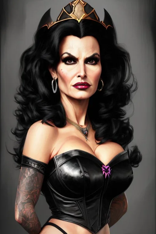 painting of lisa ann as evil queen in black leather, feminie, angry, stern look on her face, volouptous, busty, cleavage, emperious, mature, highly detailed, digital painting, artstation, concept art, smooth, sharp focus, illustration, art by gaston bussiere and alphonse mucha