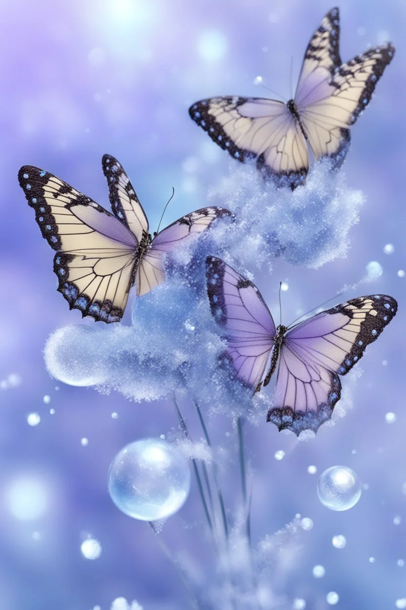 Lavender and light blue butterflies and bubbles in the snow