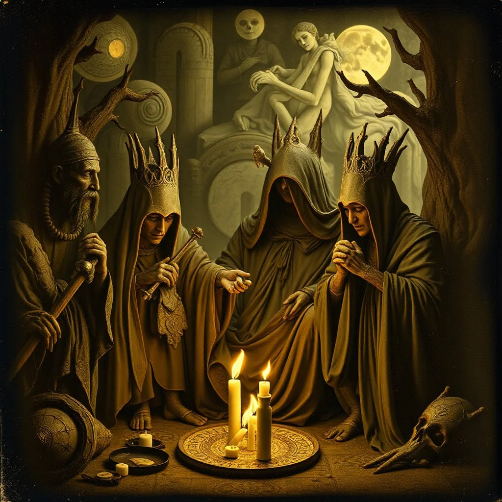 Daguerrotype close up some mysterious figures, odd background, ritual, Hieronymus Bosch Max Ernst ambient light, by Minicavio Quollati and Marlost Endgulp, Amano, Botticelli, Alphonse Mucha