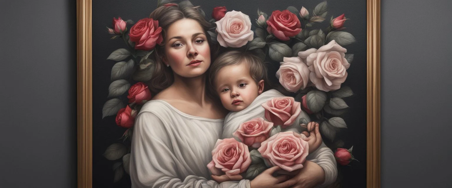 Hyper Realistic framed portrait of a mother carrying her child with flowers & roses around them at night with simpled textured wall