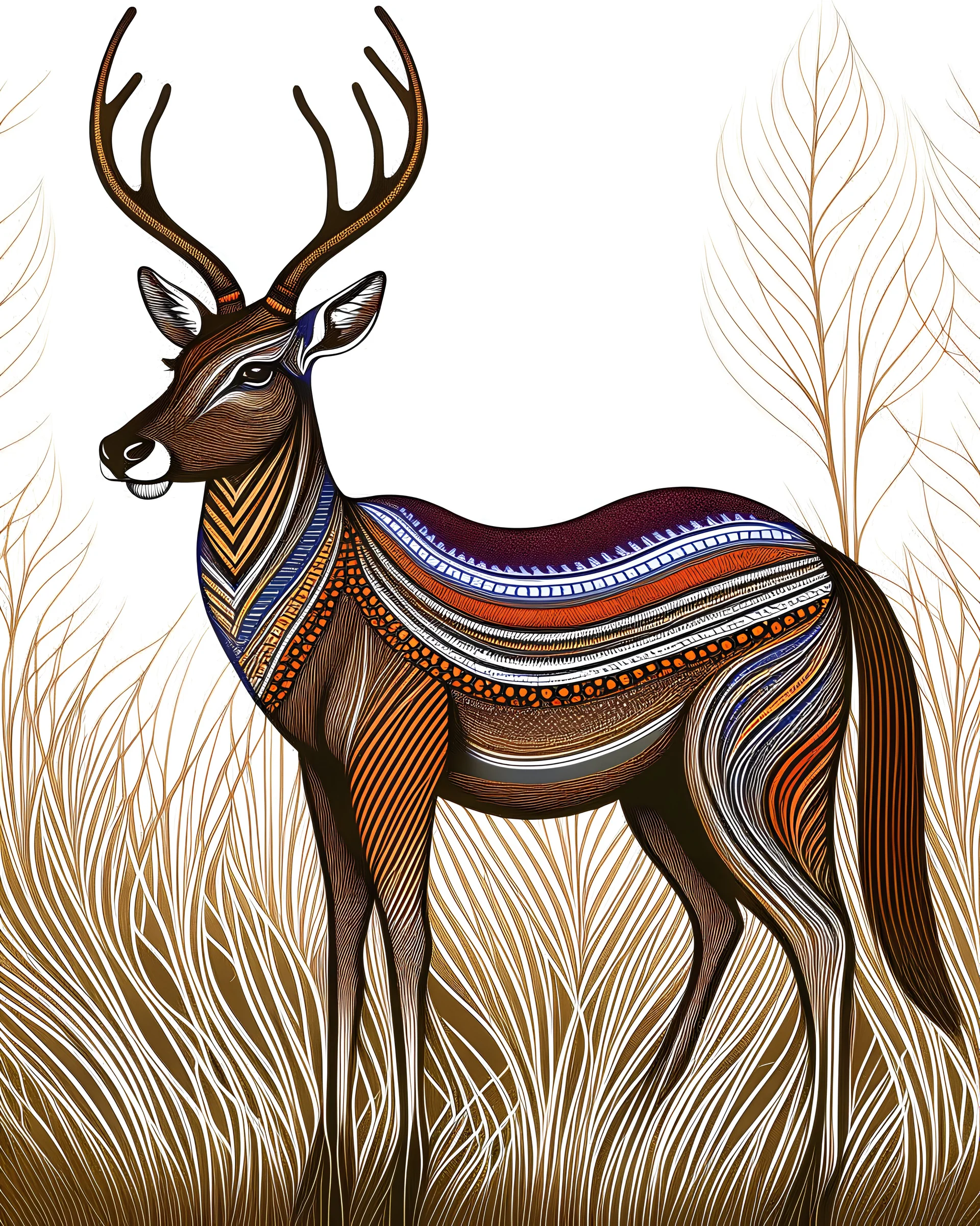 coloring pages: Majestic deer in an Afrocentric art style, adorned with intricate tribal patterns, vibrant colors, and flowing mane-like hair, standing tall and proud in a lush savannah, surrounded by tall grass and baobab trees, Artwork, mixed media on canvas [illustration style (Majestic deer in an Afrocentric art style, adorned with intricate tribal patterns, vibrant colors, and flowing mane-like hair, standing tall and proud in a lush savannah, surrounded by tall grass and baobab trees, Artw