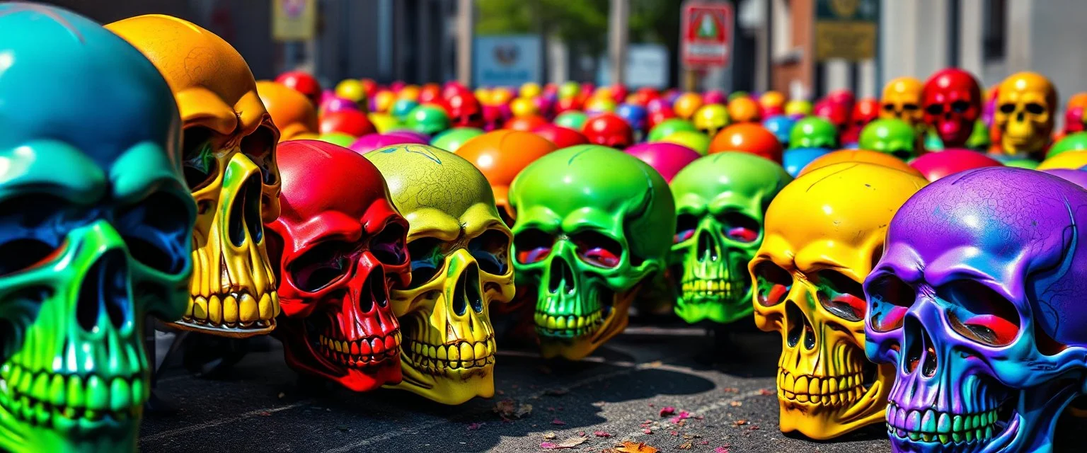 a field of skulls, multi colored, bright, vivid, psychedelic, high detailed, high gloss, insanly detailed, matte, horrorcore, lining the street, unsettling contrast