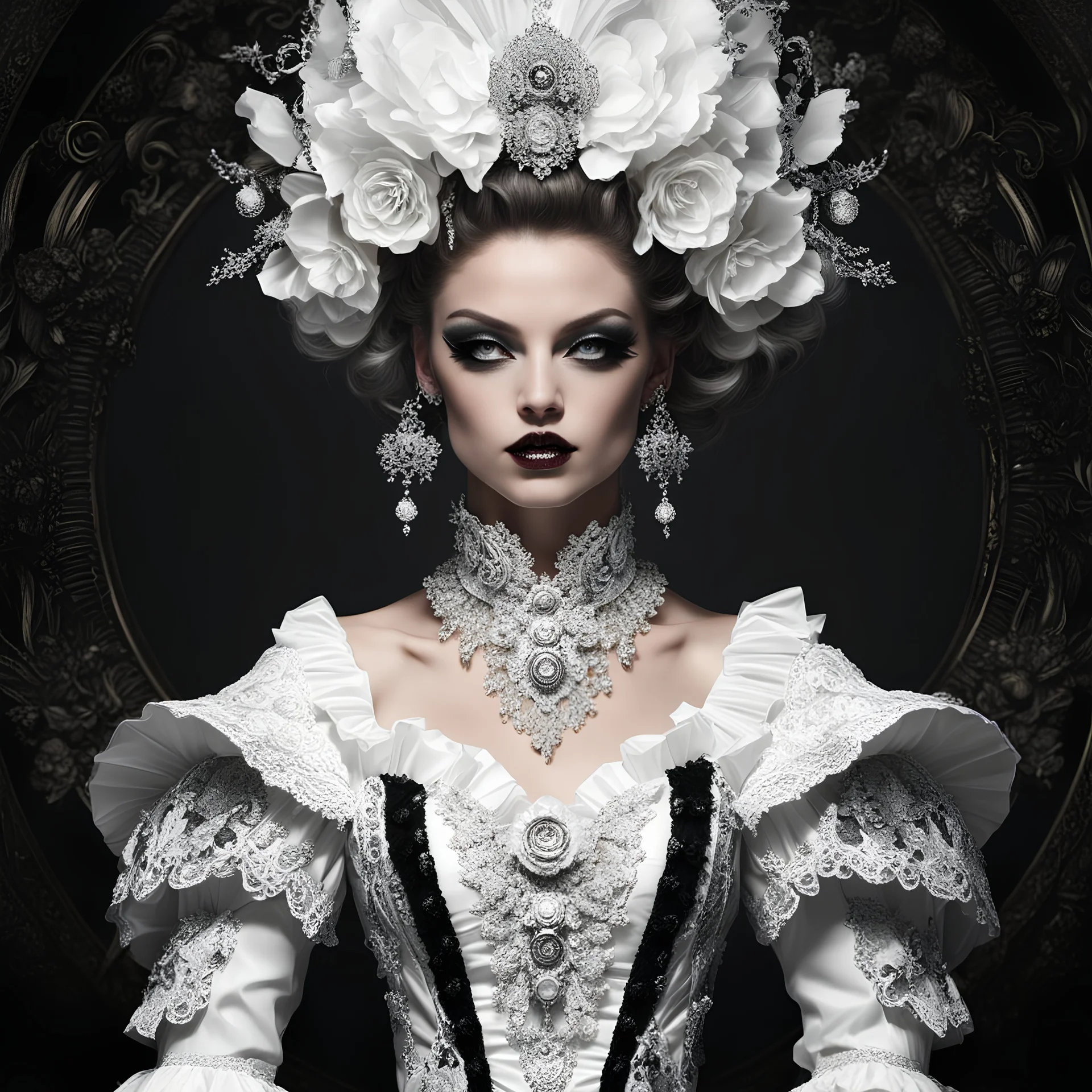 full body portrait of "A rococopunk women in striking dark and white, exuding opulence and edginess in equal measure. The extravagant costume features intricate lace details and exaggerated ruffles, accented with metallic embellishments that catch the light. This stunning depiction is a digital art piece that showcases the fusion of rococo aesthetics with punk elements. The image is impeccably detailed and richly colored, immersing viewers in a world of luxurious decadence and rebellious spirit