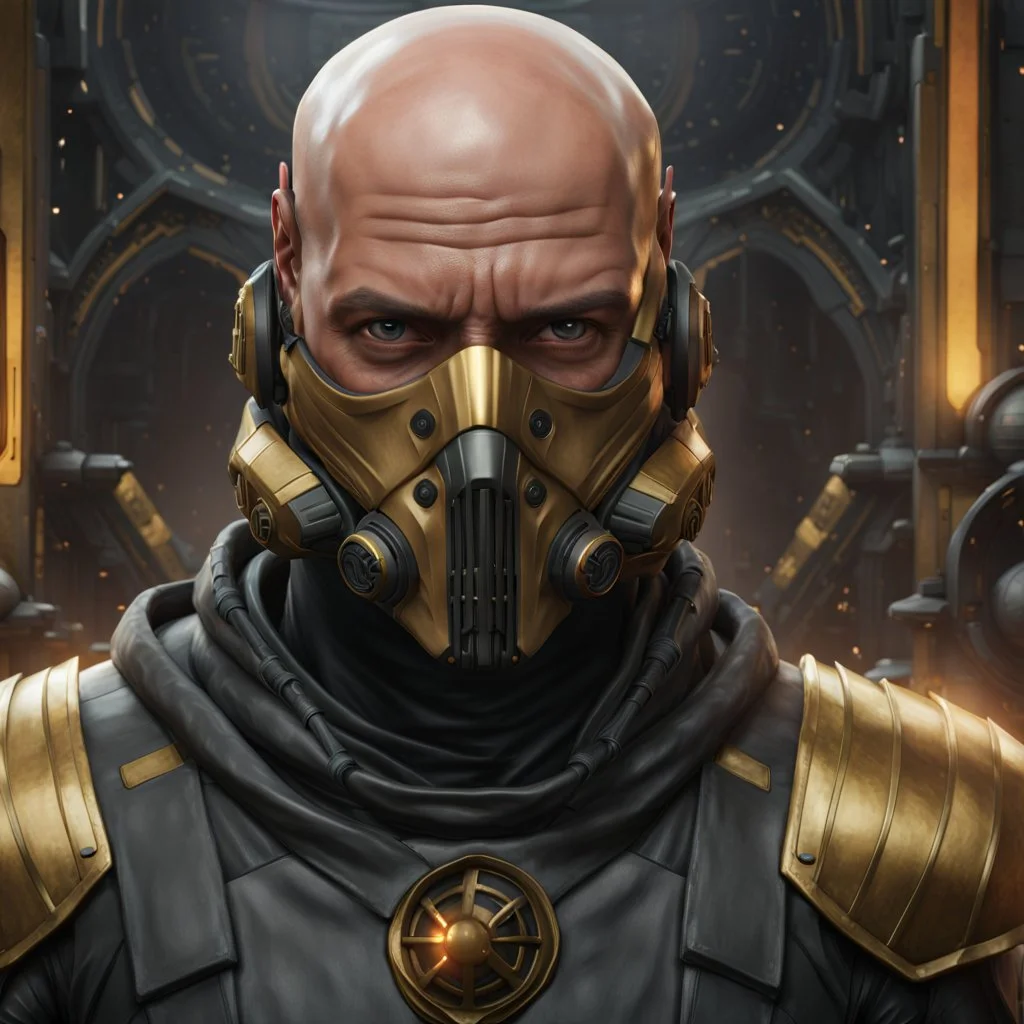 star wars bald male corellian pilot wearing pearlescent black and gunmetal grey First Order special forces heavy assault stealth commando armor and helmet with gold trim inside the jedi temple, hyperdetailed, dynamic lighting, hyperdetailed background, 8k resolution, volumetric lighting, light skin, fully symmetric details