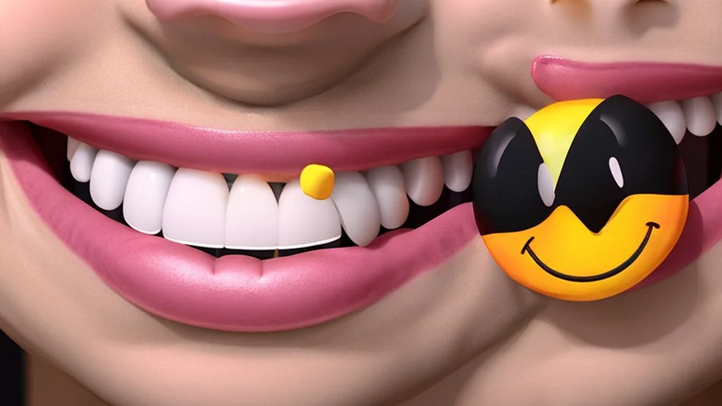 smiling emoji with big grin showing teeth, close up shot