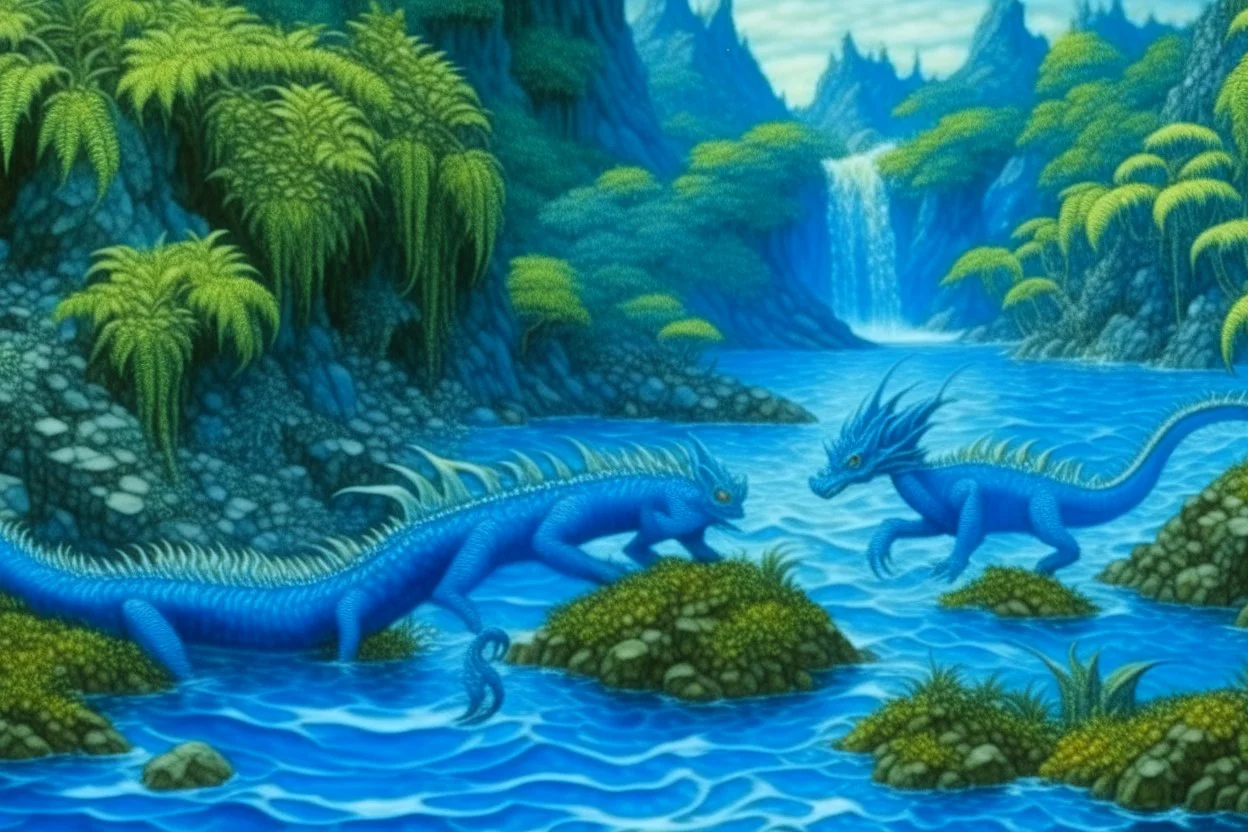 A blue watery coast with water dragons near a rainforest designed in ancient Roman mosaics painted by Vincent van Gogh