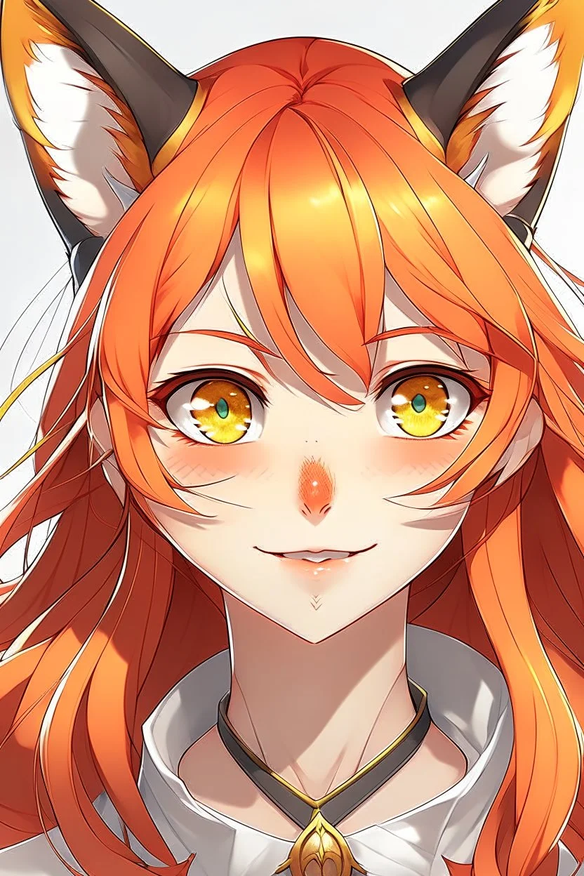 An anime adult female withe red hair and gold eyes, fox ears