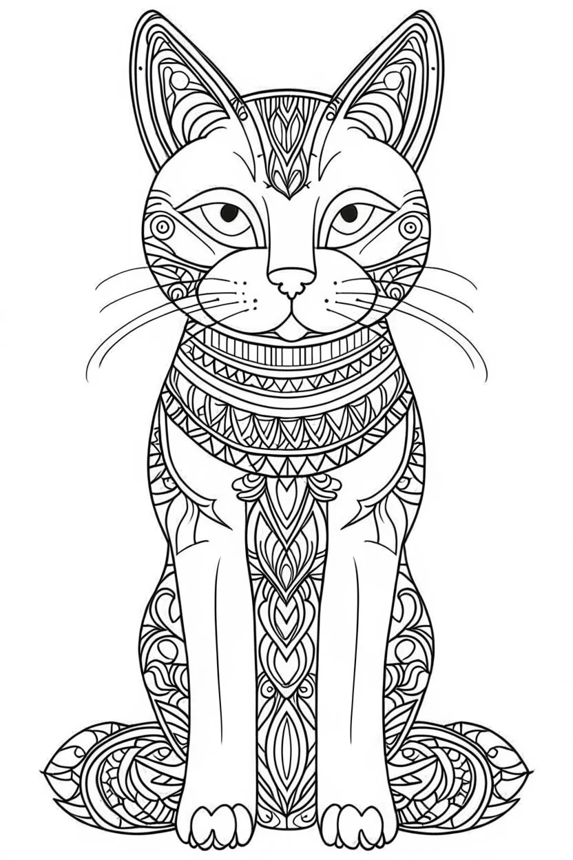 A simple coloring book page drawing with only thick black lines on a white background of a full length body of a kitten mandala of the cat breed FLAT-HEADED CAT with one tail in the minimalist style. No shading. No gray. No shadows. No color. This coloring book page would appeal to children aged sixteen through adults and have clean lines for a design that is easy to color. Style raw. Aspect ratio 9:11