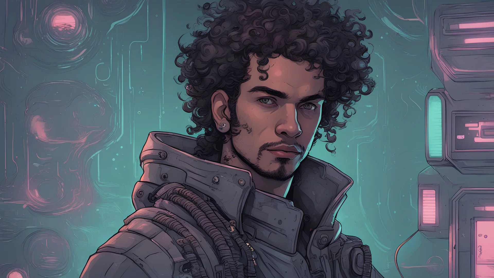 Personnage de science-fiction homme de haute qualité Portrait d'un pirate de l'espace aux cheveux bouclés. Illustré dans le style de cyberpunk
