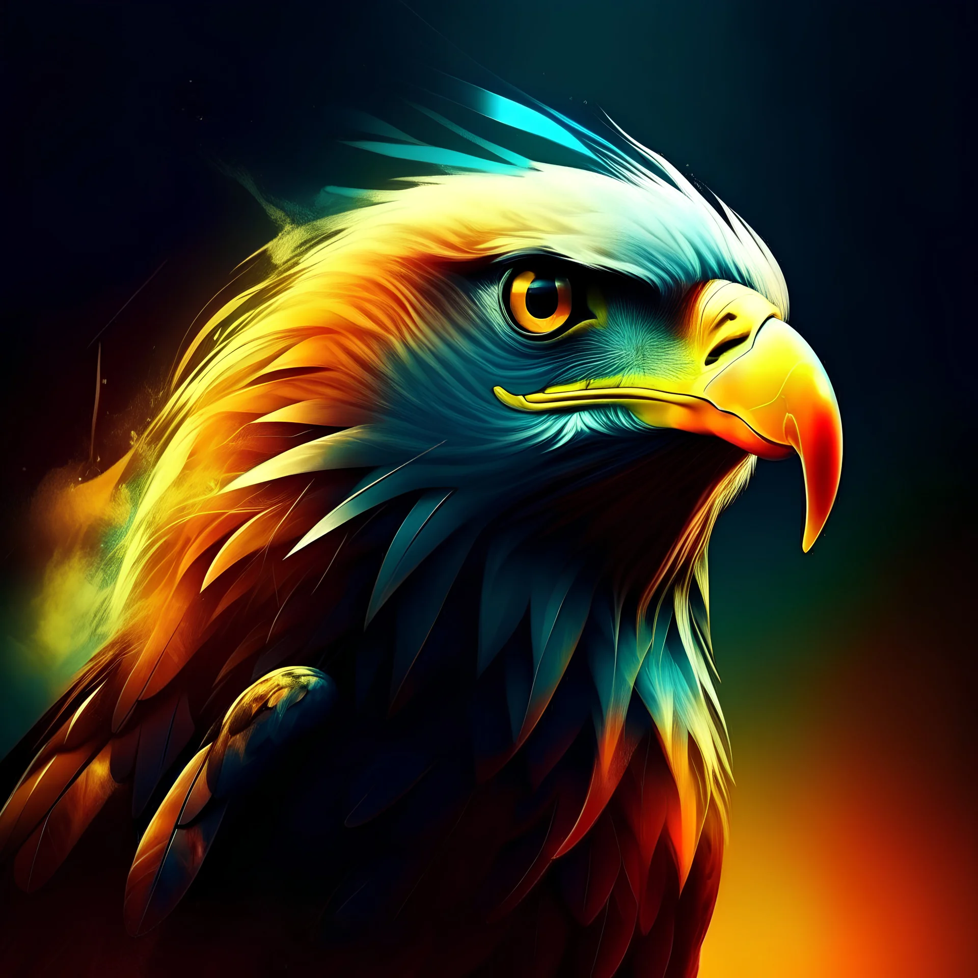 Surrealist eagle with glowing light from within, sunny colorful day, strange mysterious world