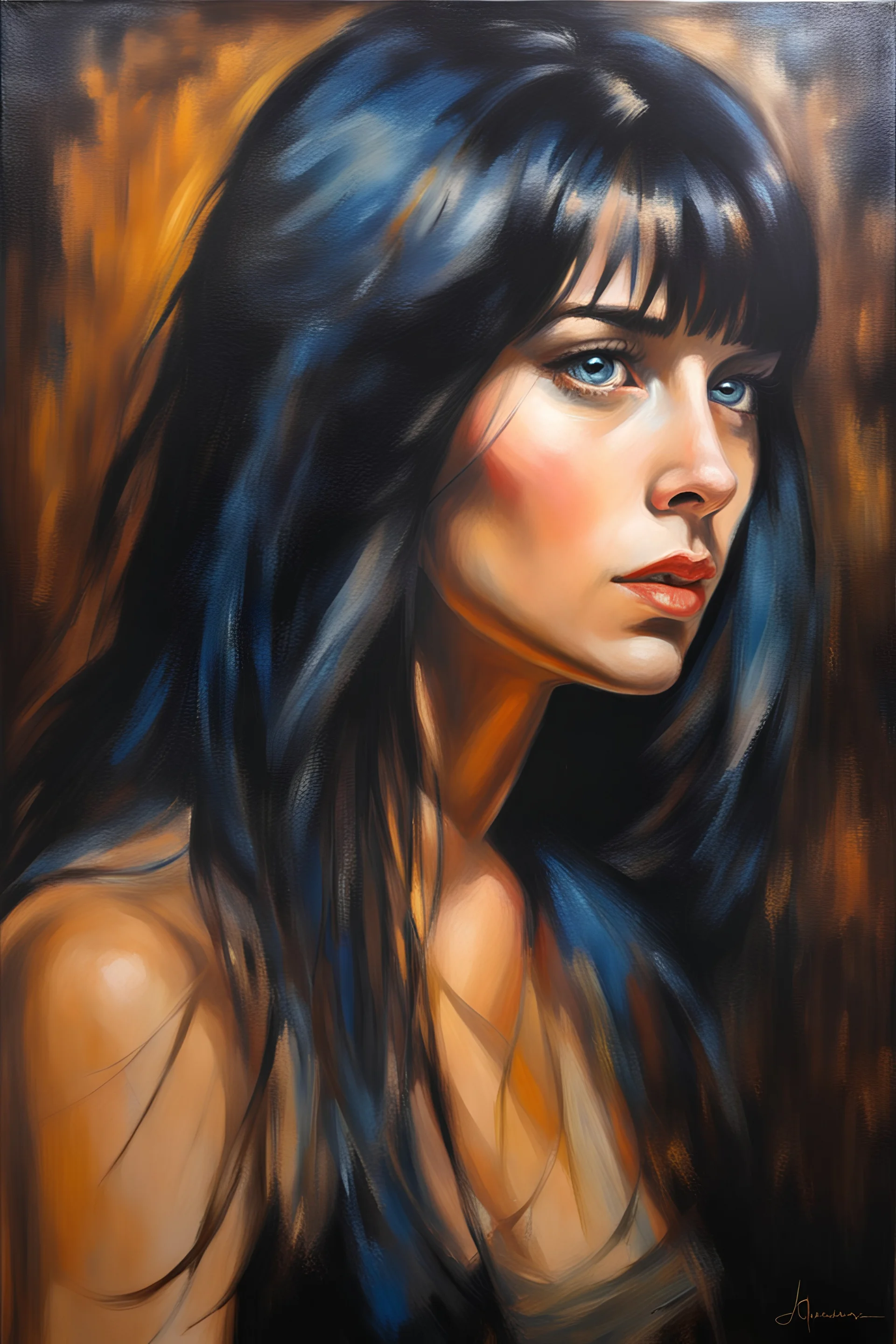 facial portrait - oil on canvas, chiaroscuro, deep shadows, fairytale, 20th century masterpiece, rich deep colors, highly detailed portrait, beautiful, extremely muscular Joan Laurer, long, straight, black hair, the bangs cut straight across her forehead, blue eyes