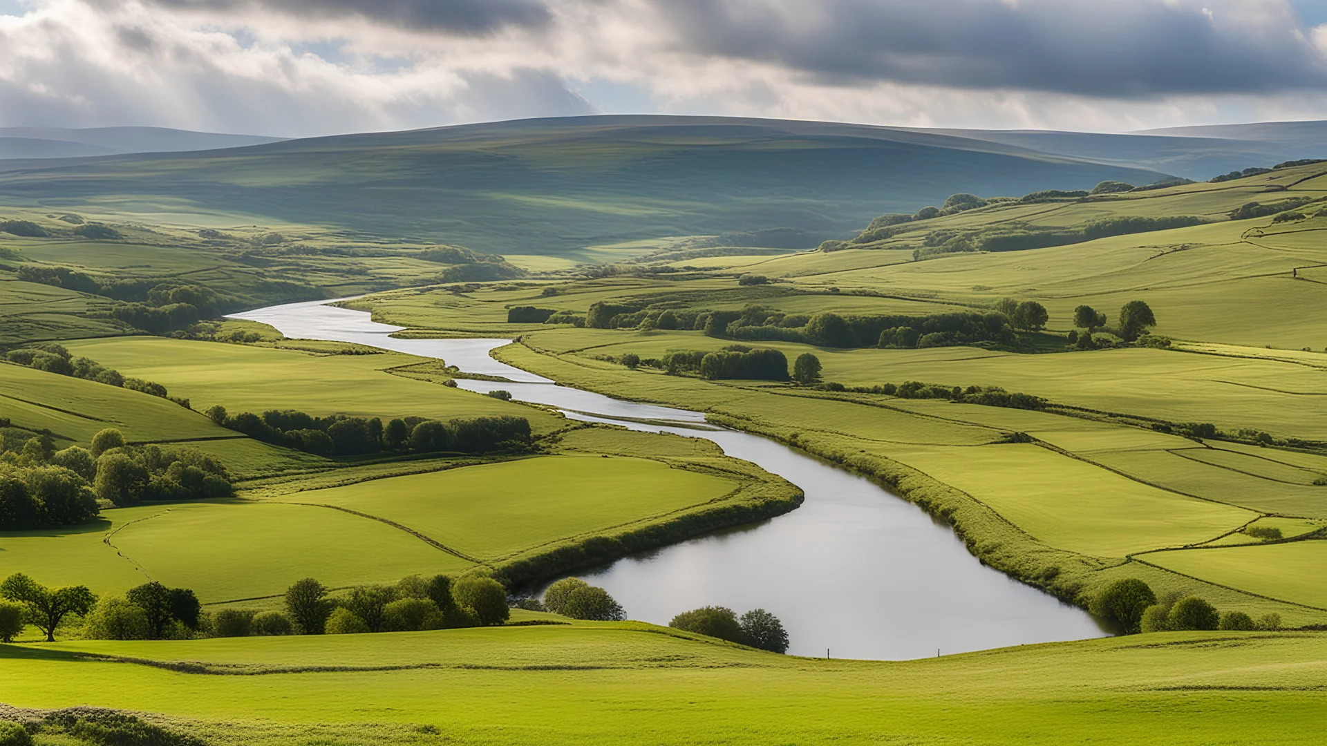 View across the valley in the Yorkshire Dales with beautiful clouds, late afternoon sunshine, stone walls enclosing the fields, gentle hills and valleys, river, calm, peaceful, tranquil, beautiful composition