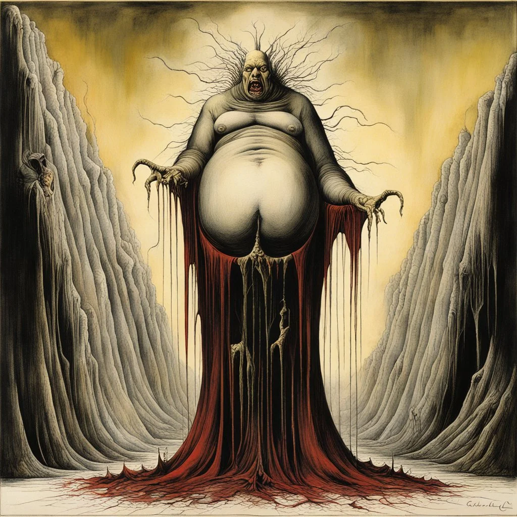 Expressionist Surreal sinister weirdness Style by Santiago Caruso and Graham Sutherland and Gerald Scarfe and Jim Dine, Dante's third level of hell = GLUTTONY, blood waterfall, symbolic art, diagonal composition, massively obese non-human radical bio deform, fat roll cellulite, masterpiece, strange inconsistencies and banal absurdities, eerie, weird colors, smooth, neo surrealism, colorful, by Gustav Dore