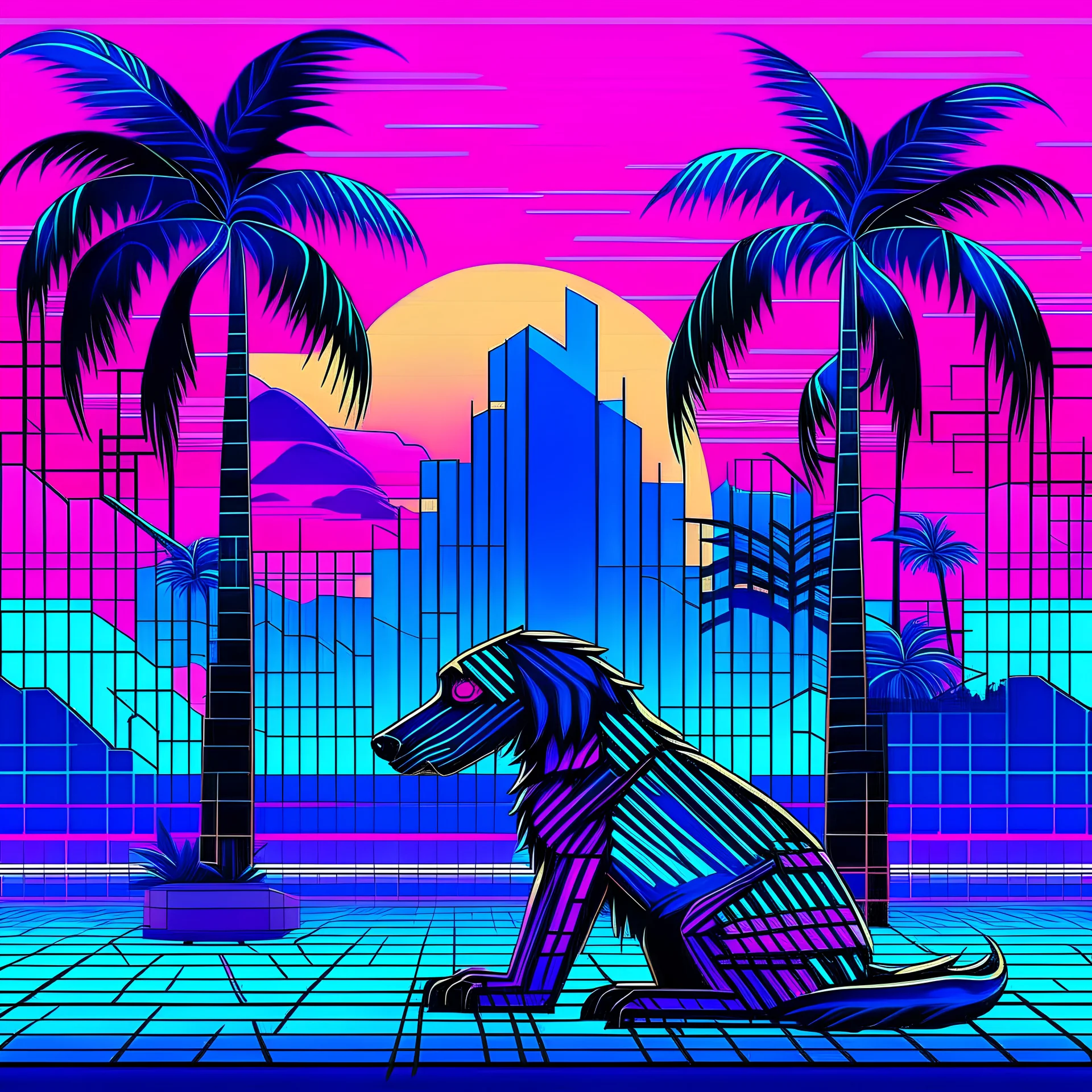 A 2D Vaporwave would depict the robotic dog from Doctor Who in bright neon purples, pinks, and blues, with digital glitch patterns, gradient transitions, and a retro-futuristic background of grid patterns, pixel art palm trees, and Japanese kanji characters, blending K-9’s boxy, angular form with the nostalgic and surreal aesthetics of vaporwave, he is a robot dog, and is blocky.