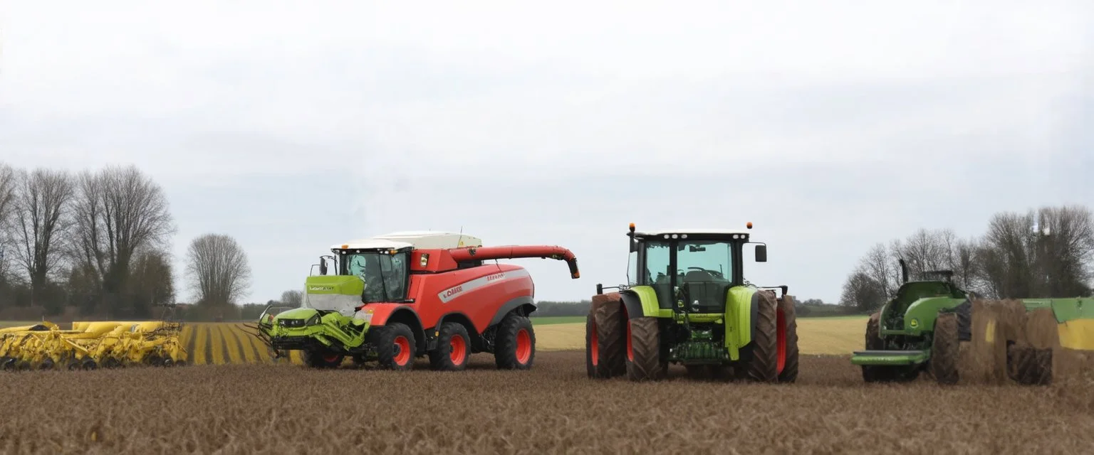 Parked at the edge of a field is a Claas brand Combine and a John Deere Tractor with seeder