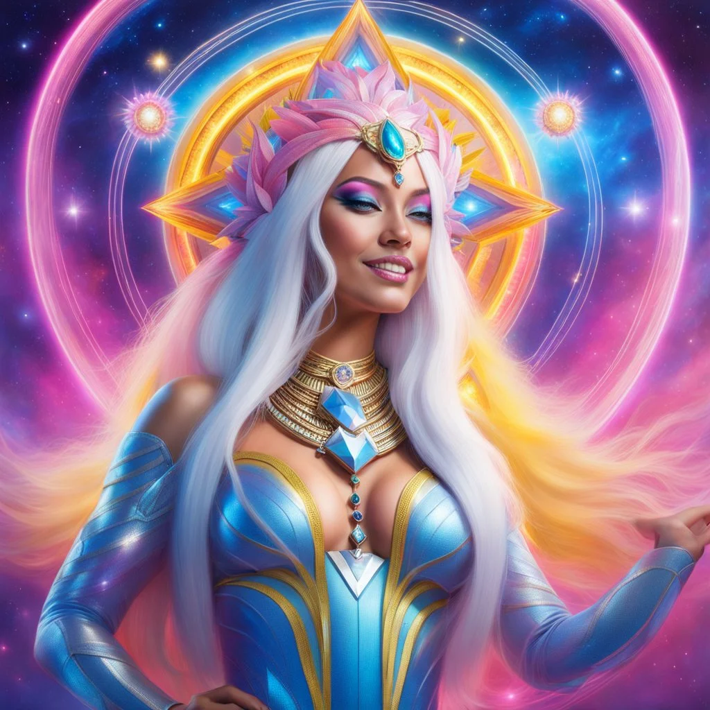 full body photorealistic portrait of a gorgeous smiling amazonian spiritual goddess with long parma white hair, tight hips with a tron like body suit tribute to the galaxy in a cosmic surounding only blue , pink and yellow, crystal jewels