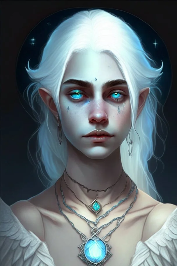 hauntingly beautiful character for dnd, young fem woman with white hair and blue eyes, angel, with moon necklace