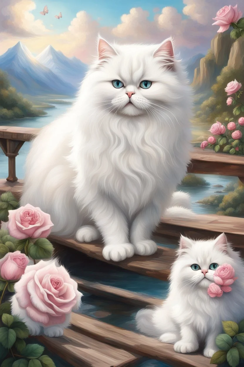 in the center: beautiful fat fluffy white persian cats with kittens, with green and blue eyes, sitting on a bridge, under the brigde flows a small blue river; background: landscape with dramatic mountains and white clouds, butterflys flying in the sky; first plan: pink roses;