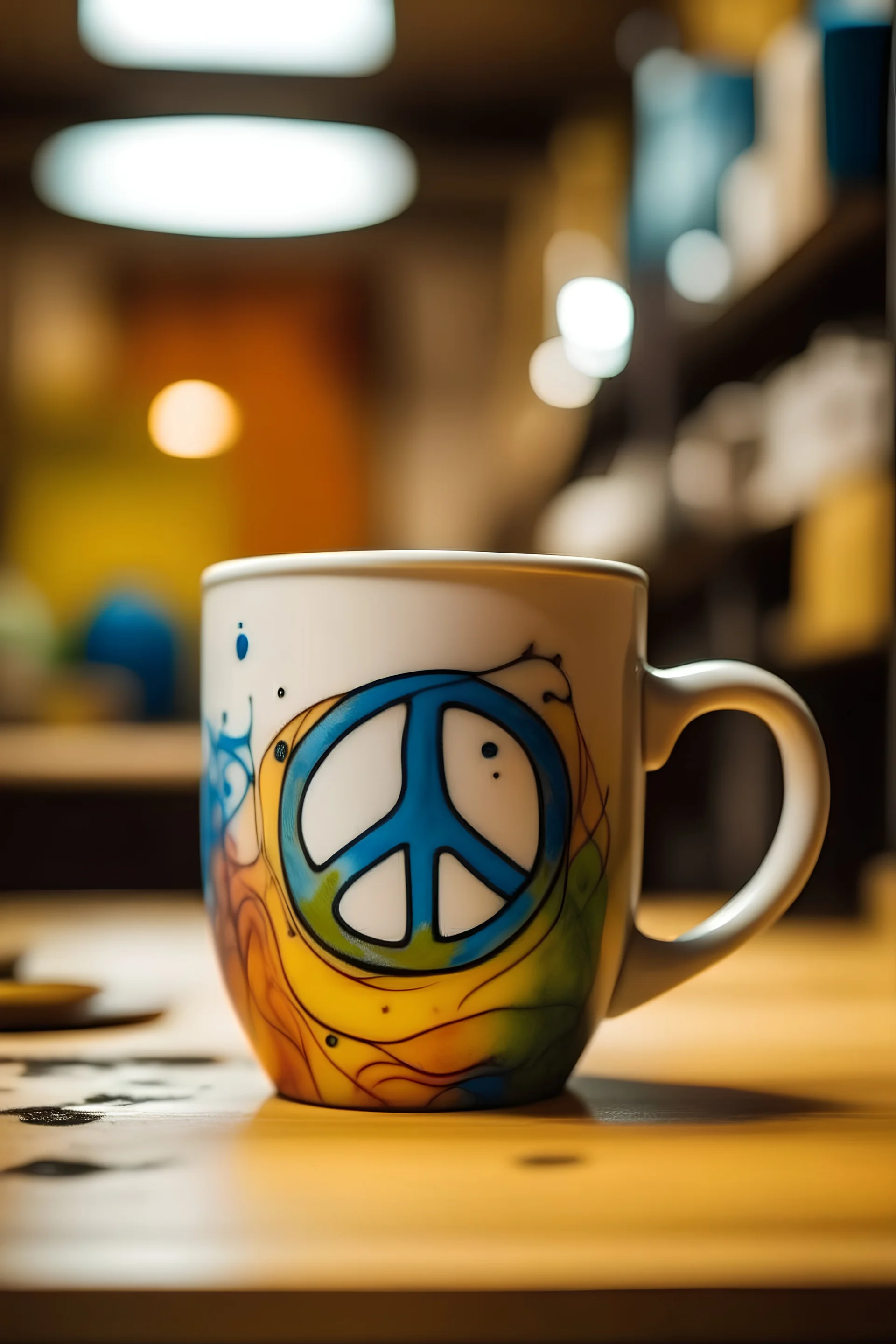 Coffee mug that converts color into peace sign, dadaism, numbers and letters at the wall in background, blurred inkblot egg, in sphere, standing in a white loft art exhibition, modern art gallery in background, chao's