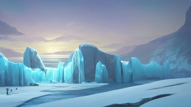 cartoon illustration: nature with icebergs and frozen sea, sun in the sky