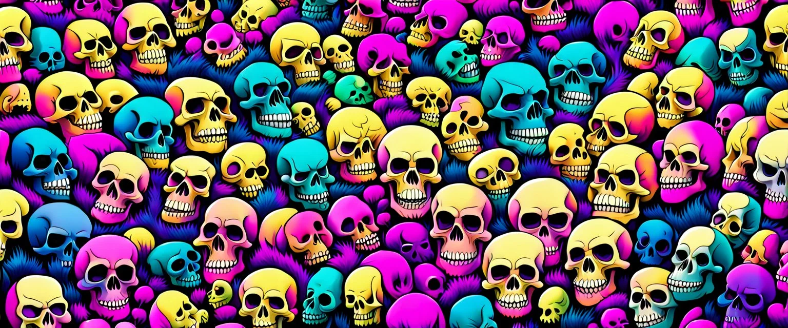 a field of 1000s of cartoonish, anatomically correct, skulls, vivid RANDOM BRIGHT neon colors, dark comedy, well lit, high detail, photorealistic, horrorcore, fun, scary, dead, 100% detail on all drawn, nothing partial or filler, by disney