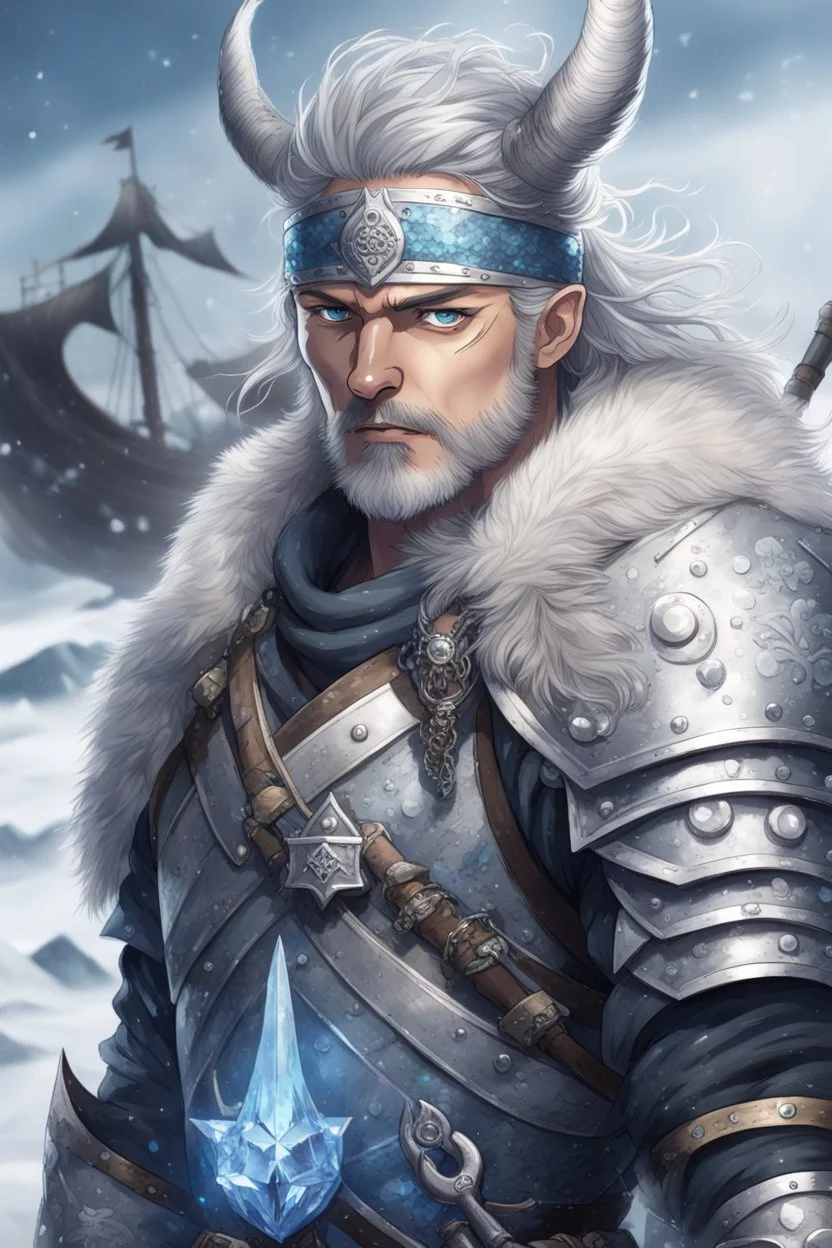 in anime style, 1man, a man with blue eyes and grey hair man in silver Viking armor with fur around the neck with blue crystal on his chest holding an axe in his hands standing on a pirate ship in the artic, warrior in anime style,