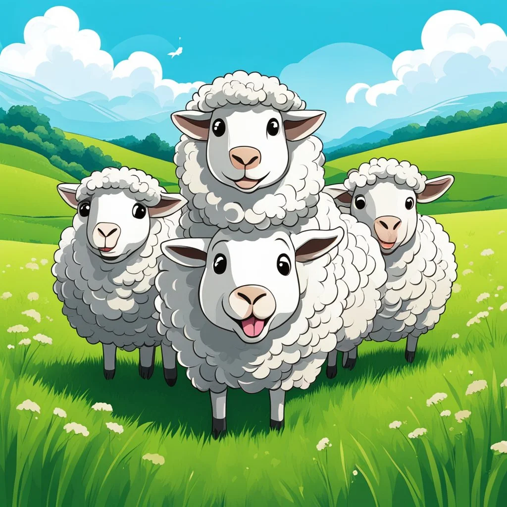 create an image with 4 sheep with the typography, happy face "sheep of faith", 2d, cartoon style, chibbi, kawai, a green field and blue sky in the background