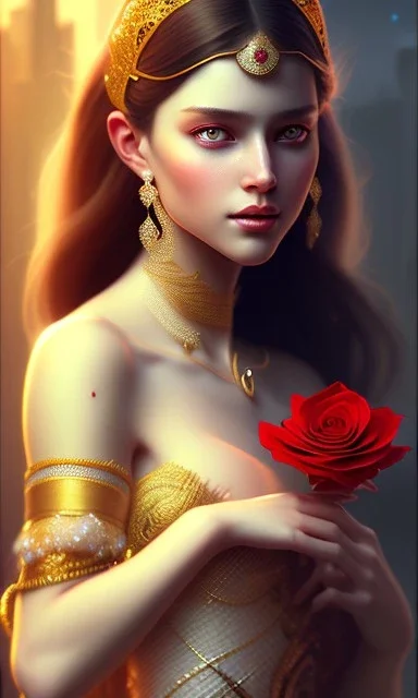 Arab princess Holding a beautiful red rose , cute, beautiful, long hair, wavy hair, black eyes,Veiled، head and shoulders portrait, cinematic, 8k, resolution concept art portrait by Greg Rutkowski, Artgerm, WLOP, Alphonse Mucha dynamic lighting hyperdetailed intricately detailed