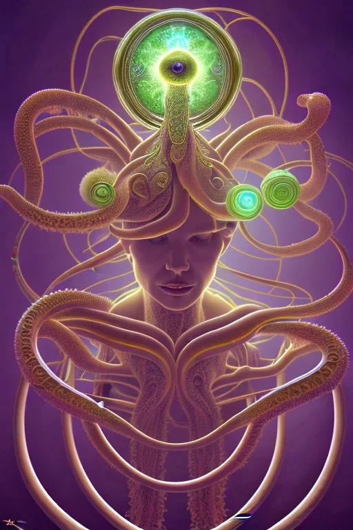 Spiritual being with Tentacles over human Head creating reality around, wrapping Tentacles around Human, Dimethyltryptamine