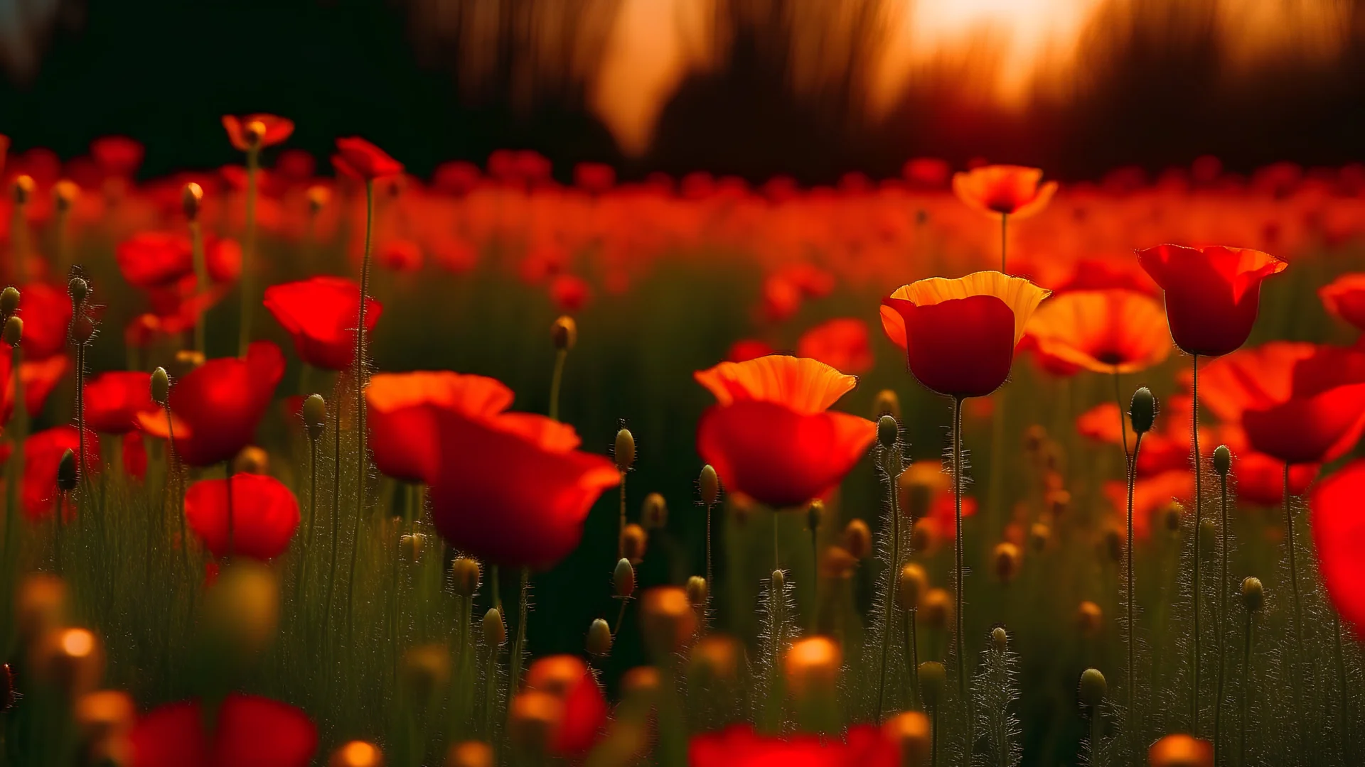 field of some beautiful red poppies and some yellow lights