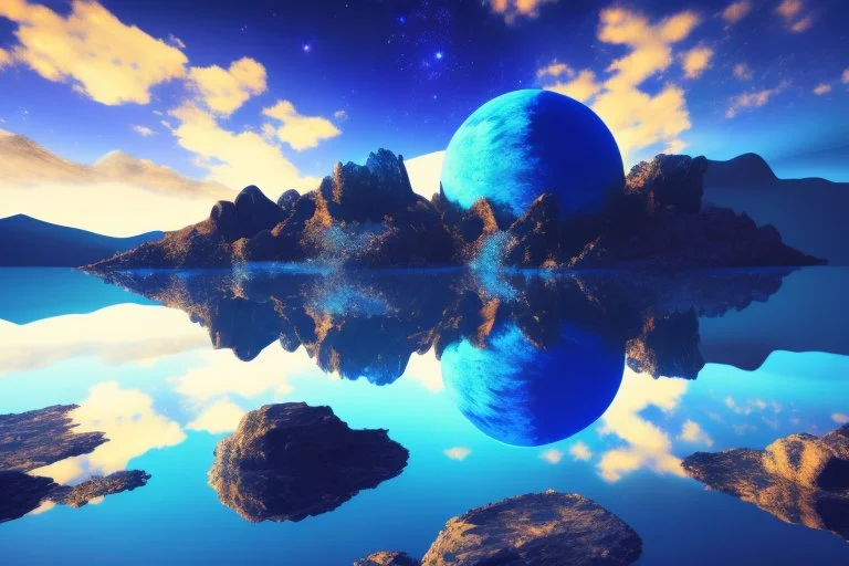 blue exoplanet in the sky, water reflection, rocks, vegetation, hd