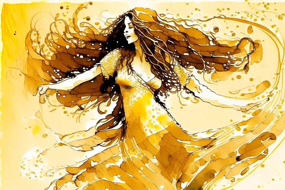 Dynamically dancing long haired brunette woman, in Klimt style, in ochre, watercolor and ink, golden glitters