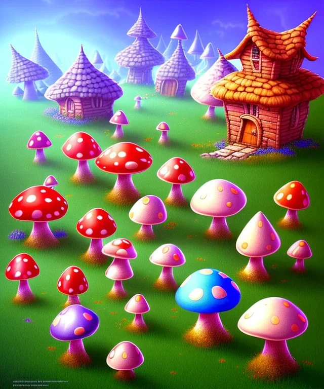 A small and colourful mushroom like village, medevil,fantasy