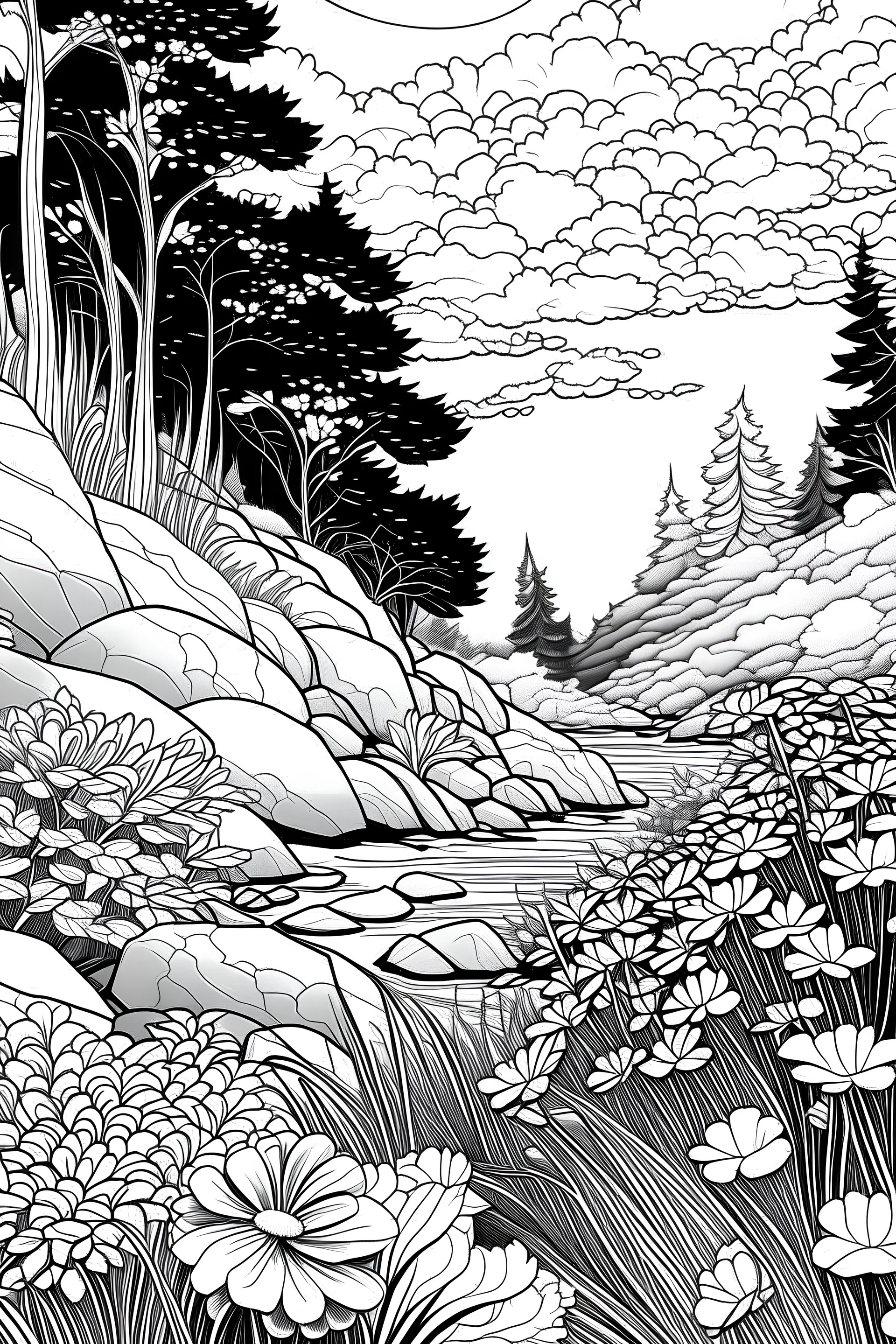 high resolution "realistic design", 2D black pen line art design,clean white clean sky background, for coloring page,"stream in the forest realistic design" flowers between the rocks, smooth vector illustration, monochrome,