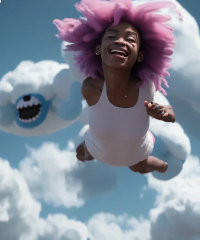 Ultra realistic speed clouds sky scene, wide angle view, sweet childs falling down, inflatable color clothing, free jumping flying, many trinkets, monster hair, hair monster, many jelly beans, balls, smile, happy, circus style, extreme, wind, clouds sea, 20,000 feet altitude, stratosphere, soft color, highly detailed, unreal engine 5, ray tracing, RTX, lumen lighting, ultra detail, volumetric lighting, 3d, finely drawn, high definition, high resolution.