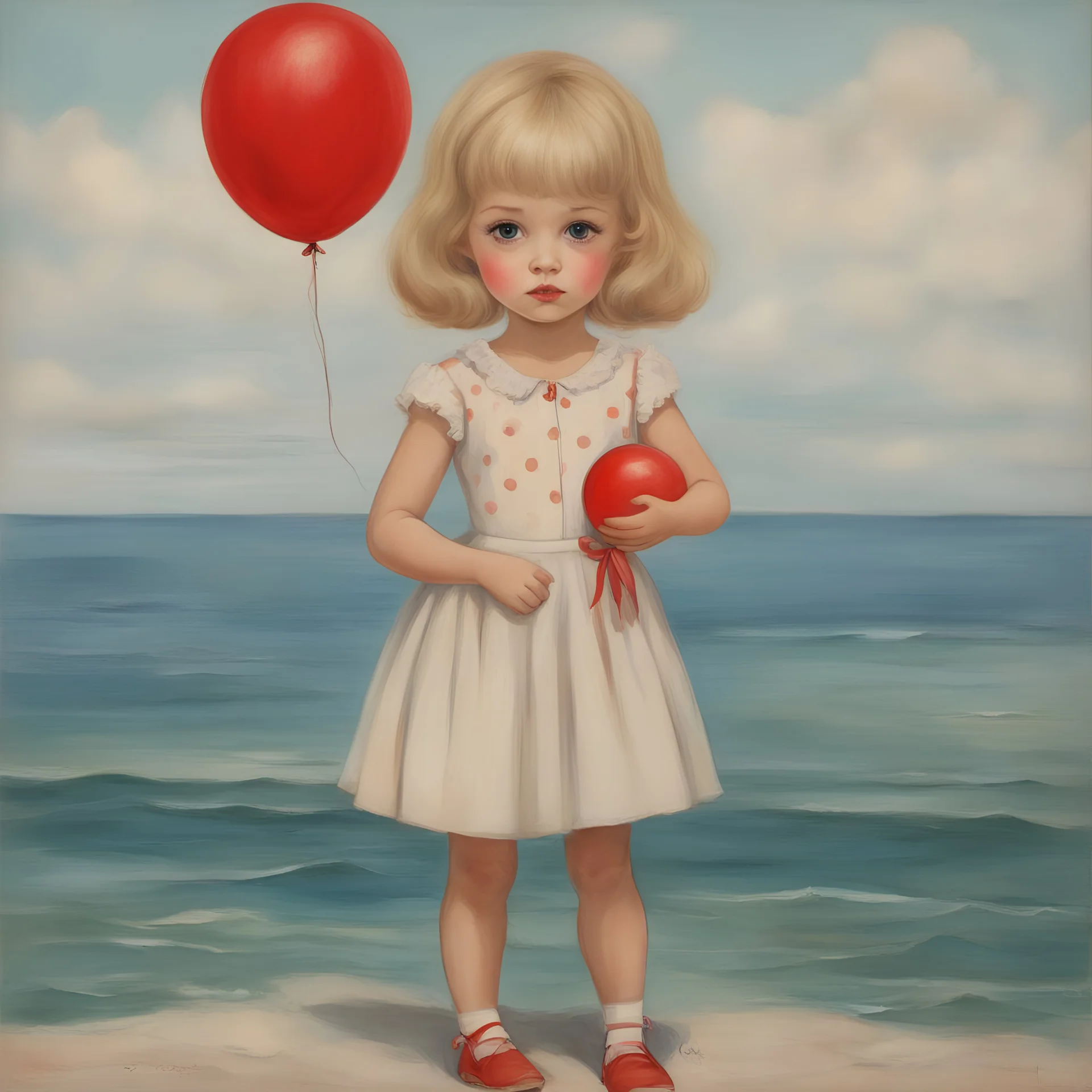 1960s, blond Little girl , in the style of Margaret Keane, she is standing on a red balloon over the sea